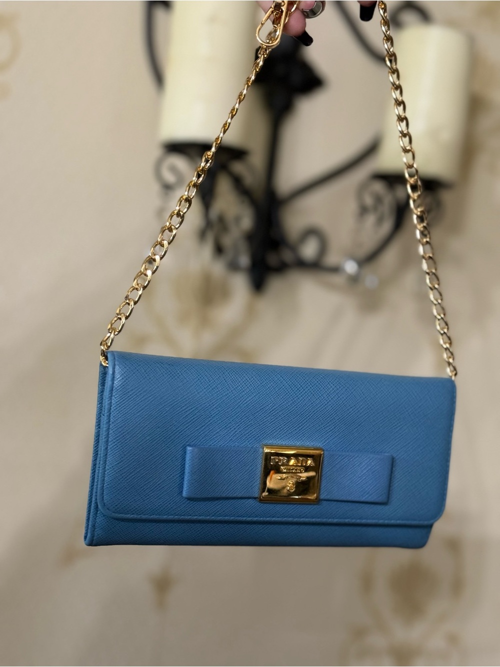 Prada Saffiano Lux Bow Continental Wallet Light Blue Gold Hardware W/ Chain Card - Picture 16 of 16